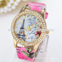 Rhinestone around dial eiffel tower pattern leather clock Wrist watch